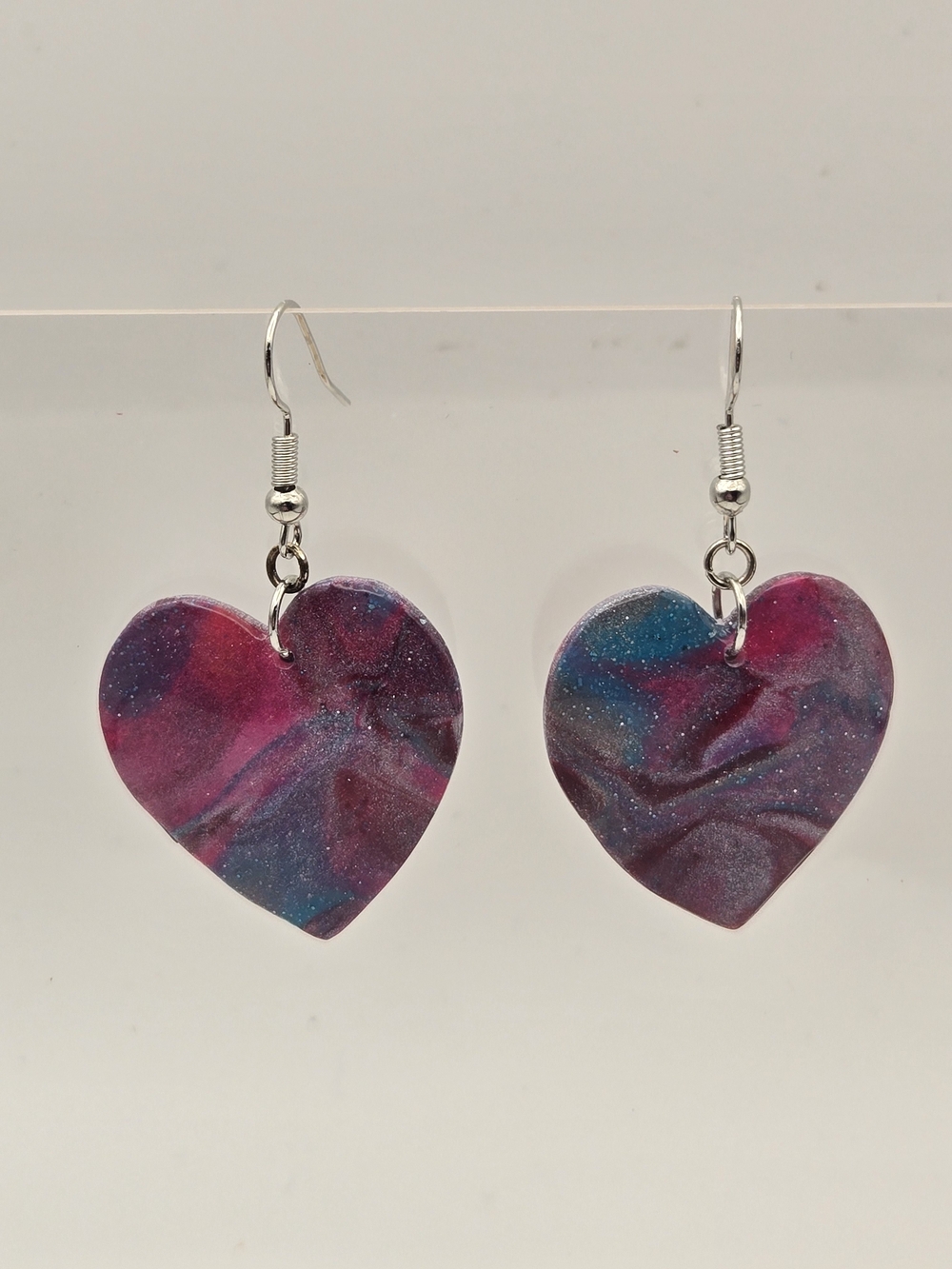 #90- Handcrafted Heart Drop Earrings in Purple, Pink & Blue